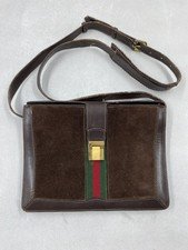 Vintage 70s Gucci Brown Suede Leather Web Stripe Crossbody Bag Gold Hardware