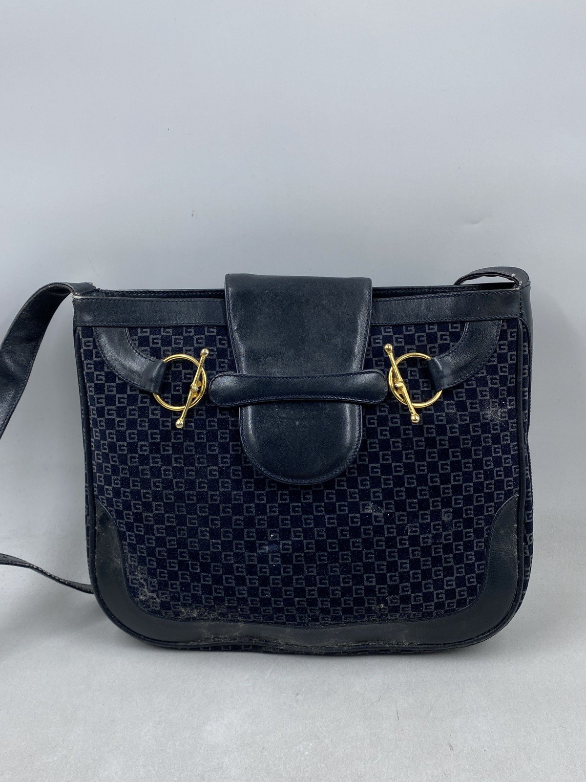 Vintage 70s Gucci Navy Blue Monogram Canvas Shoulder Bag Gold Toggle Hardware