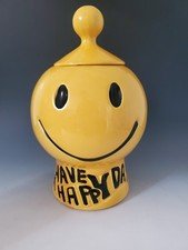 Vintage 70s McCoy 235 HAVE A HAPPY DAY Yellow Smiley Face Cookie Jar & Lid NICE!