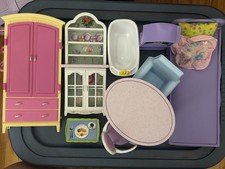 Vintage Barbie Dollhouse Furniture Lot - Armoire, Hutch, Bed, Tub, Table, Chair