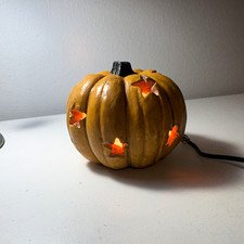Vintage Ceramic Lighted Pumpkin Figurine w/ Star Cutouts, Corded Halloween