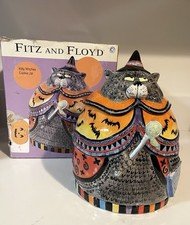 Vintage Fitz & Floyd KITTY WITCHES Whimsical Fat Cat Halloween Cookie Jar 12”
