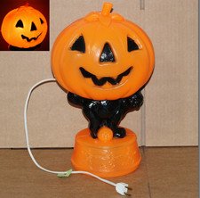 Vintage Halloween 14" Lighted Pumpkin Cat Skeletons Blow Mold Gregg Novelties