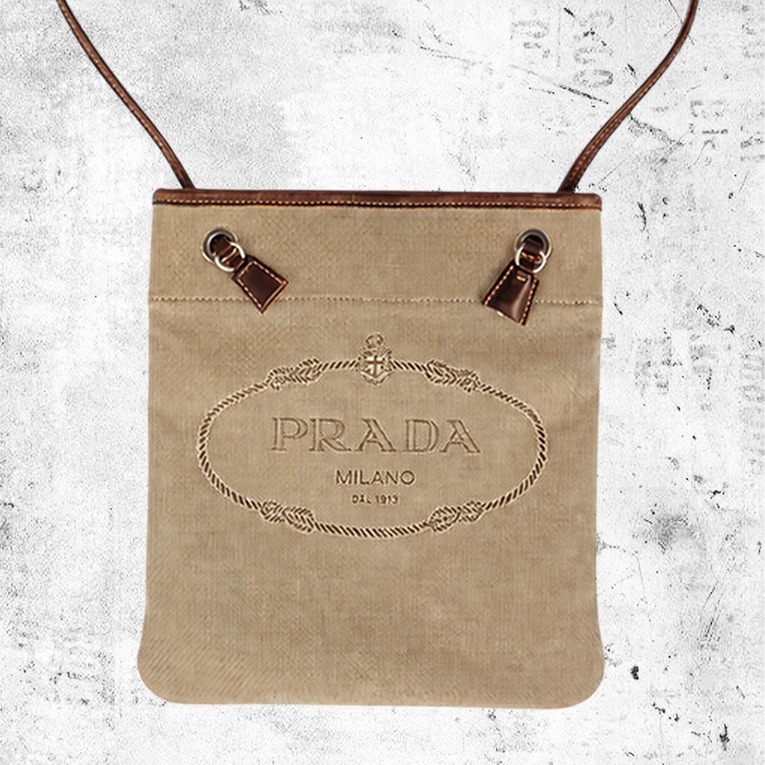 Vintage Prada Milano Dal 1913 Canvas Crossbody Pouch Beige Khaki Brown Leather