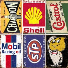 Vintage Metal Tin Signs Set of 6, Retro Garage Signs & Oil & Gas Station Wall