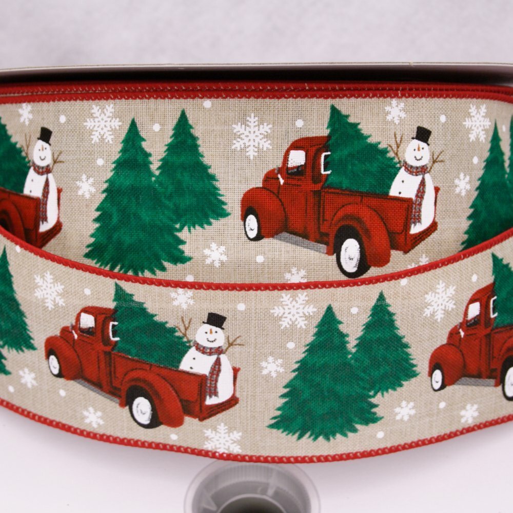 Vintage Truck Hauling Frosty w/Tree Christmas Ribbon 2 1/2" Wired 10 Yd 4002618