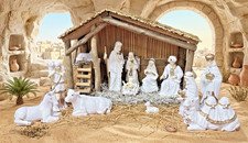 VTG (12) Piece White W/ Gold Trim Fine Porcelain Nativity Set W/ Large Stable