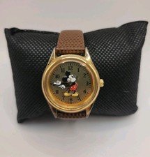 Vtg Disney Time Works 1" MICKEY MOUSE Gold-tone Watch New Battery Brown Band