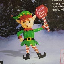 Winter Wonder Lane Christmas Elf 39 Inch Lighted Yard Decor Santa Stop Here Sign