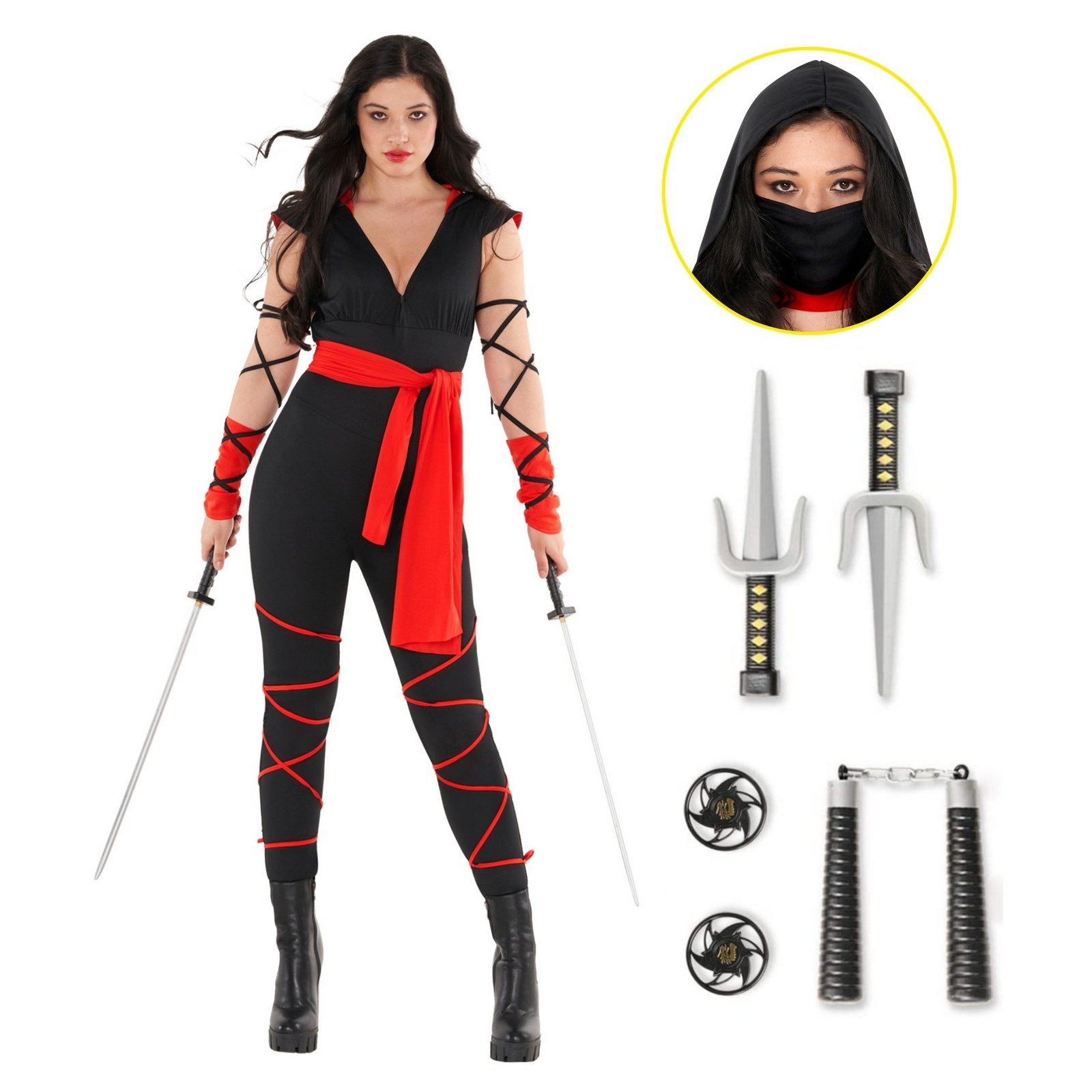 Women`s Black & Red Ninja Costume Ladies Warrior Fancy Dress Jumpsuit Halloween