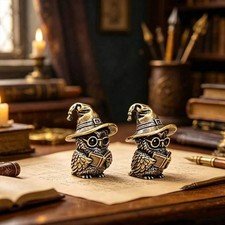 1pc Brass Wizard Owl Figurine Reading Book Vintage Fantasy Desk Decor Gift