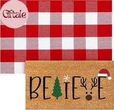 2 Pcs Christmas Doormat Outdoor Believe Welcome Coir Mat, Red White Plaid Outdoo