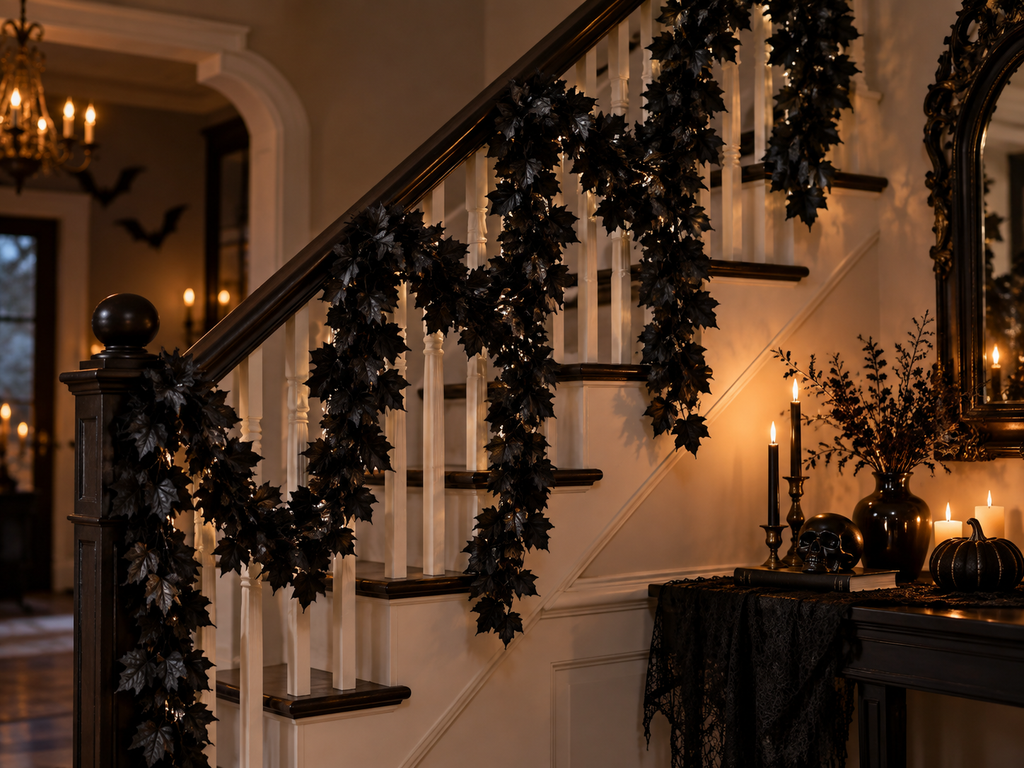 Gothic Halloween decor with black garland on staircase, candlelit ambiance, and spooky accents for a haunting home atmosphere.