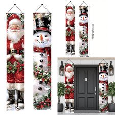 2PCS Christmas Porch Banner Decorations 71 x 12 Inch Santa and Snowman Hanging