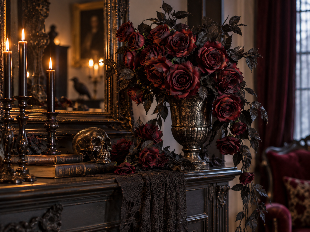 Gothic Halloween decor featuring black candles, dark roses, skull, and vintage books on an ornate mantel for a haunting atmosphere.
