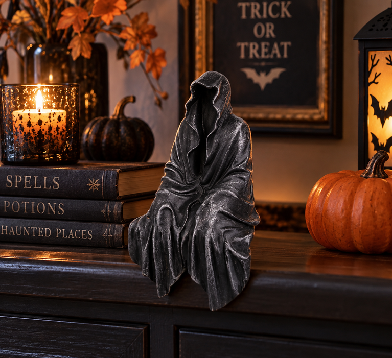 Gothic Halloween decor featuring a hooded statue, books, candle, and pumpkins on a mantel for spooky home ambiance.