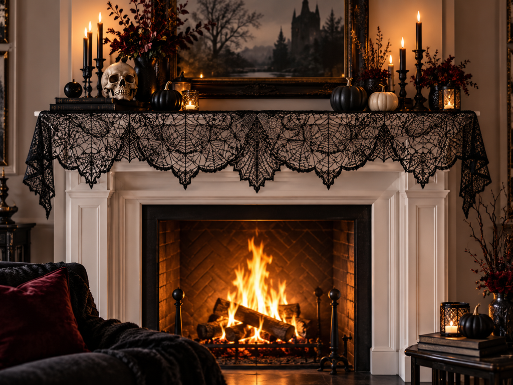 Gothic Halloween fireplace decor with skull, black candles, pumpkins, and lace mantel cover, creating a hauntingly elegant atmosphere.
