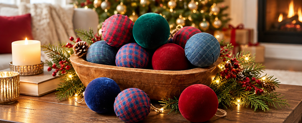 Wooden bowl with navy and tartan Christmas ornaments, surrounded by festive greenery and candles, enhancing holiday decor ambiance.