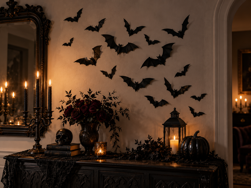 Gothic Halloween decor featuring black bats, candles, skull, dark roses, and pumpkin on a vintage sideboard for a haunting atmosphere.