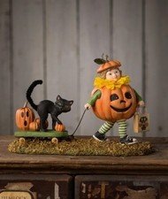 Bethany Lowe 7.5" Pumpkin Paige w Wagon Black Cat Halloween Girl Decor Figure