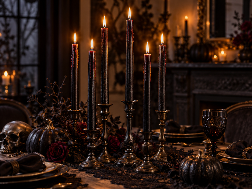 Gothic Halloween dining table with black candles, skull, pumpkins, and red roses, creating a hauntingly elegant atmosphere.