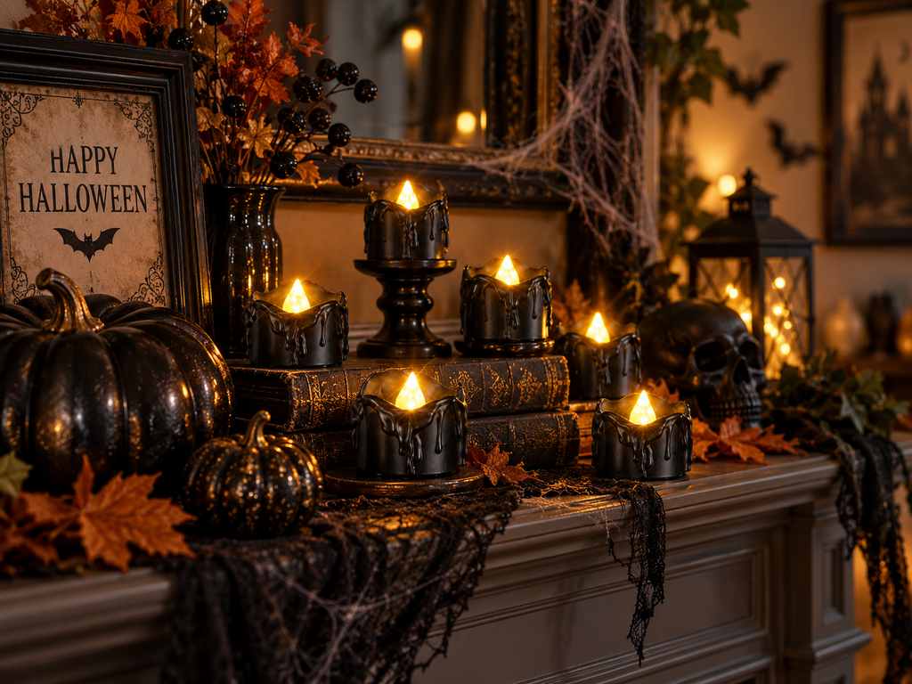 Gothic Halloween mantel decor with black candles, skull, pumpkins, spider webs, and autumn leaves for a haunting home atmosphere.