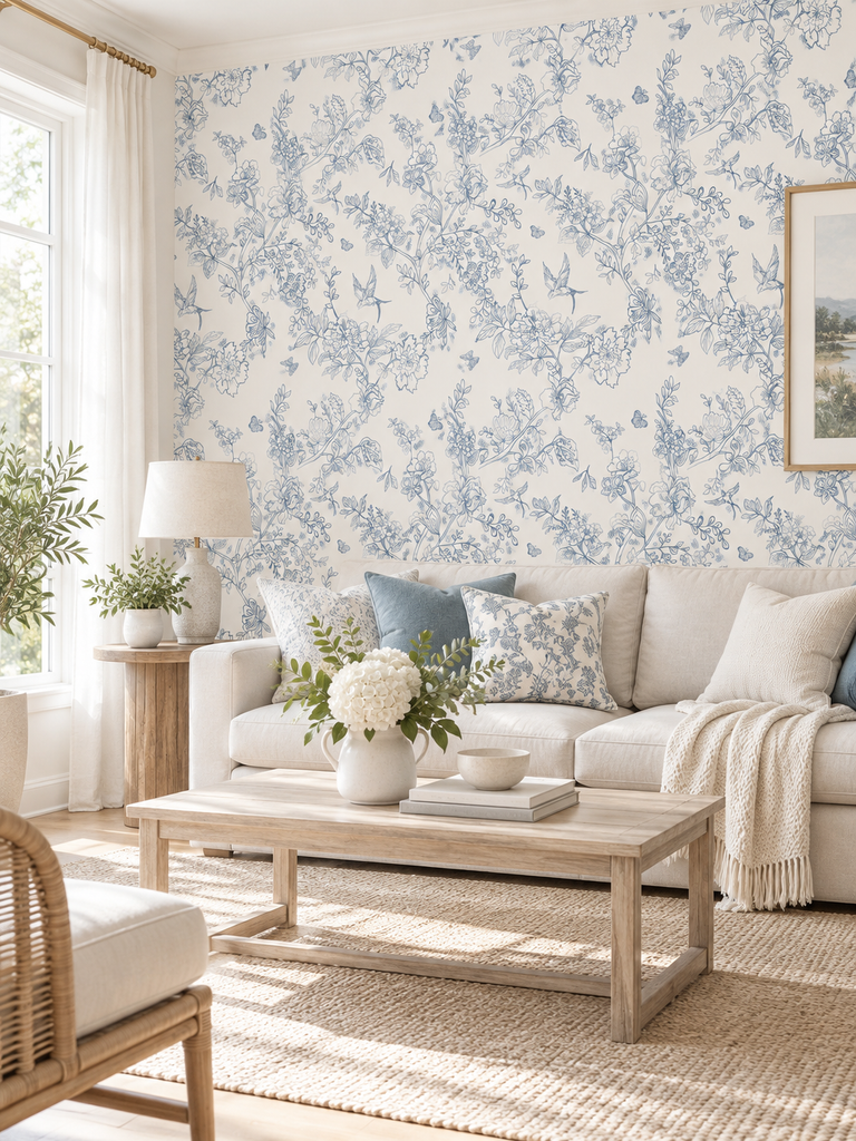Elegant living room with floral feature wall wallpaper, white sofa, and wooden coffee table, enhancing a cozy, stylish ambiance.