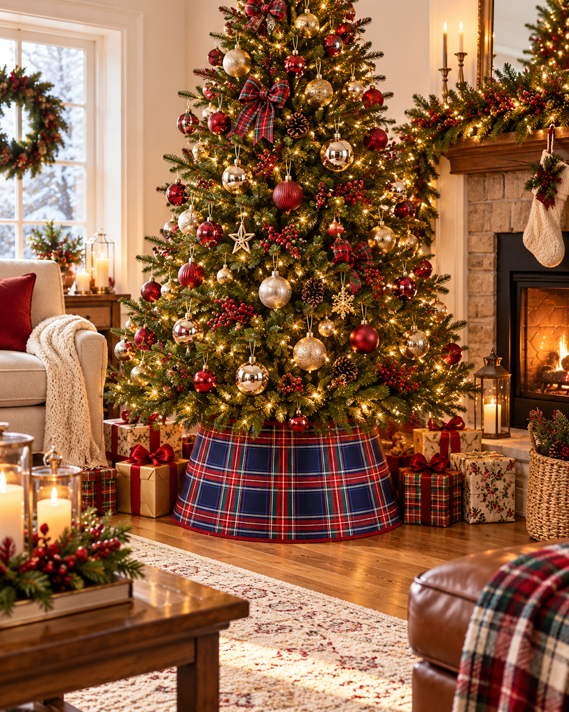 Festive Christmas tree with navy tartan skirt, gold and red ornaments, enhancing cozy holiday decor in living room with fireplace.