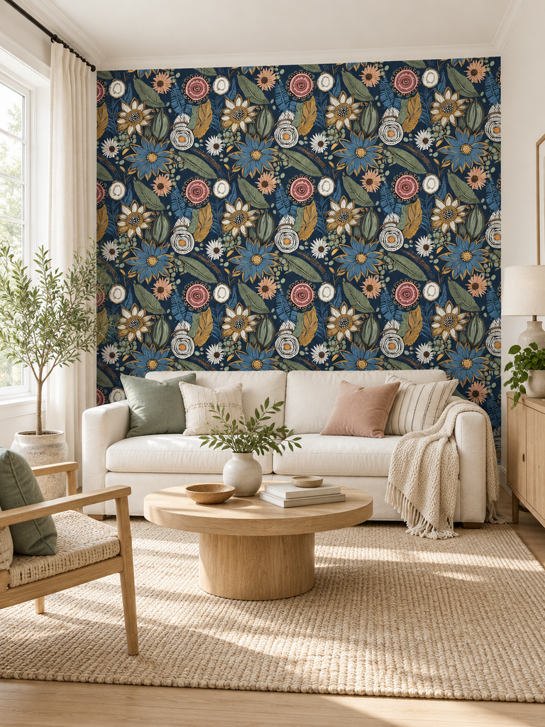 Living room with vibrant floral feature wall wallpaper, enhancing cozy seating area with neutral tones and natural light.