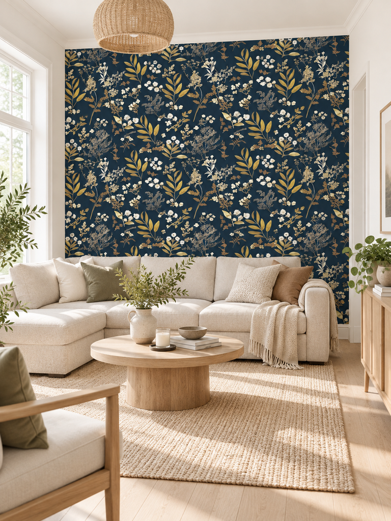 Living room with floral feature wall wallpaper, beige sectional sofa, wooden coffee table, and natural light enhancing cozy decor.