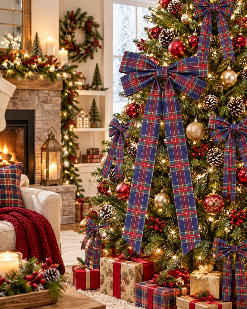 Christmas tree with navy tartan bows, red ornaments, and wrapped gifts, enhancing cozy holiday decor by the fireplace.