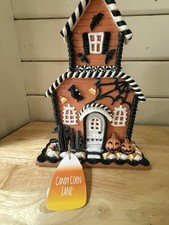 Candy Corn Lane Halloween Haunted House 11” Tabletop Decor Pumpkins Bats