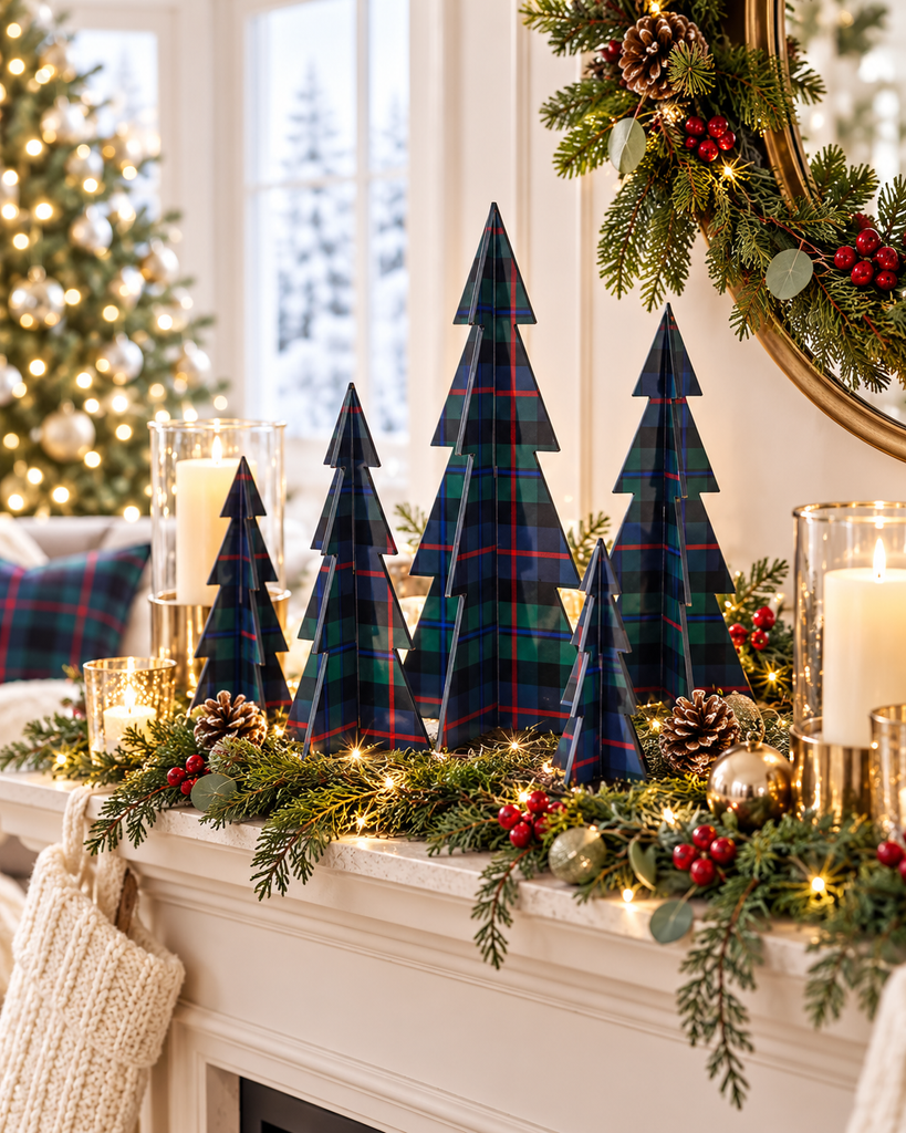 Navy and tartan Christmas decor on mantel with candles, greenery, and festive lights, enhancing holiday ambiance.