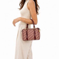Christian Dior Trotter Boston Bag Red Bordeaux Canvas Leather Vintage Hand Bag