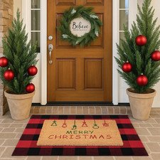 Christmas Door Mat Combo Set - 100% Coco Coir Welcome Mat + 28 X 43 Inch Red and