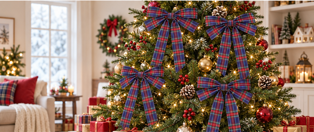 Christmas tree adorned with navy and tartan bows, gold ornaments, and pinecones, enhancing festive holiday decor in cozy living room.
