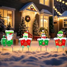 Christmas Yard Stakes, 4 PCS LED Light Christmas Train Decor with Santa Claus, S