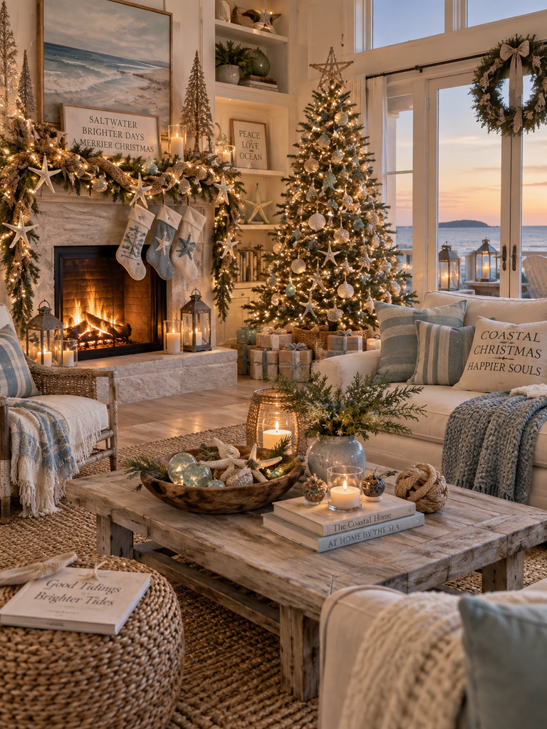Coastal Christmas living room with decorated tree, fireplace, and ocean view. Features nautical accents, candles, and festive garlands for holiday ambiance.