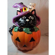 David’s Cookies Halloween Ceramic Black Cat & Ghost Pumpkin Cookie Jar