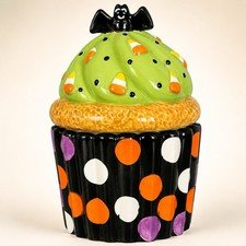 David’s Cookies Halloween Cupcake Cookie Jar Candy Corn Bat Ceramic Canister 8”