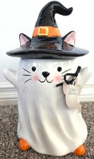 Goblin & Ghoul Halloween GHOST CAT w/ WITCH HAT Candy Cookie Jar Canister
