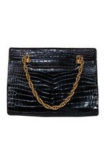 Gucci - Vintage Brown Reptile Textured Gold Chain Handbag w/ Coin Purse