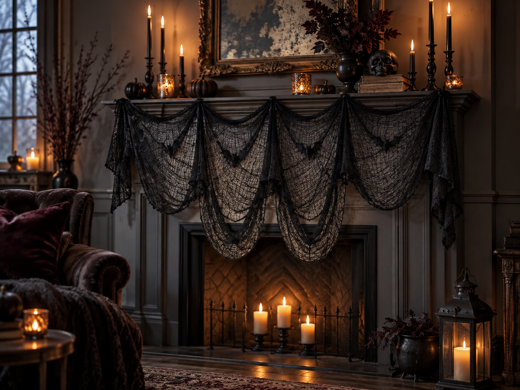 Gothic Halloween decor with black lace drapes, candles, and skull on a dimly lit mantel for spooky home ambiance.