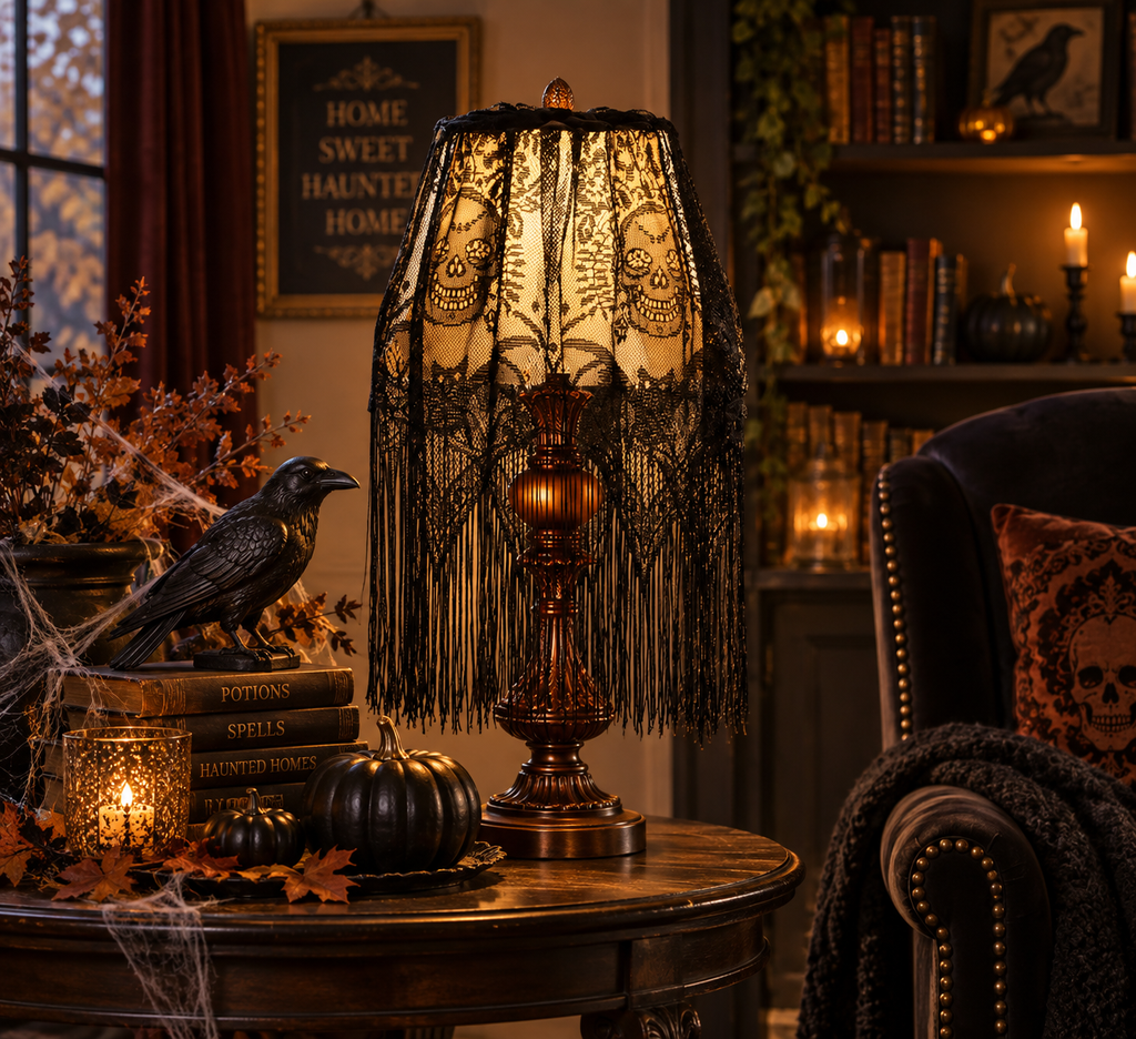 Gothic lamp with fringe, raven decor, and pumpkins on table for Halloween ambiance in cozy haunted home setting.