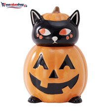 Halloween Pumpkin Cat Ceramic Cookie Jar