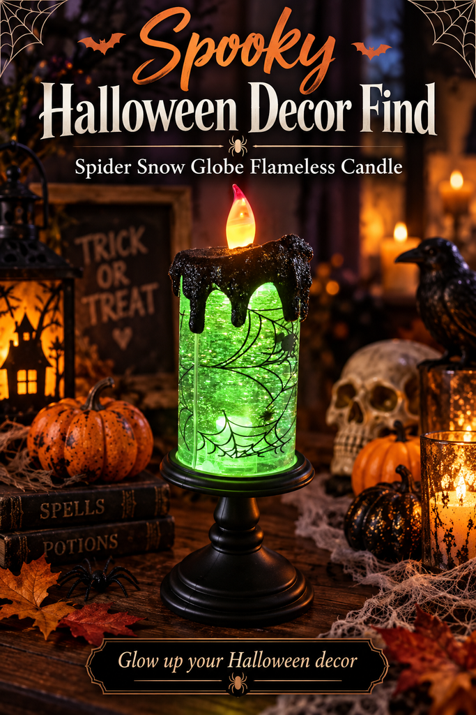 Spider snow globe flameless candle with pumpkins and skull, showcasing the best Halloween decor for a spooky atmosphere.