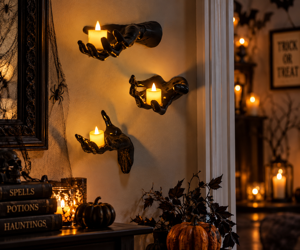 Gothic Halloween decor featuring wall-mounted hands holding candles, surrounded by cobwebs, spiders, books, and pumpkins for haunting ambiance.