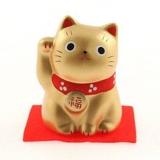 Japanese 2.25"H Gold Maneki Neko Cat Figurine Rich Good Fortune Made in Japan