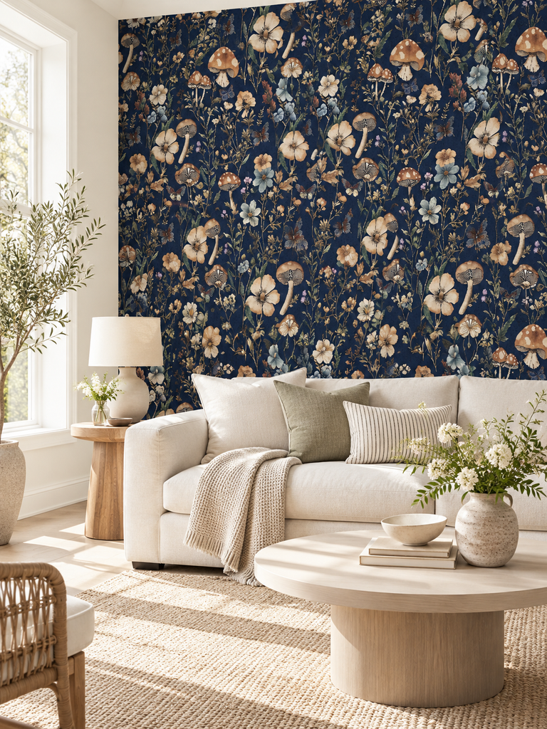 Cozy living room with floral and mushroom feature wall wallpaper, beige sofa, and wooden decor elements for a stylish transformation.