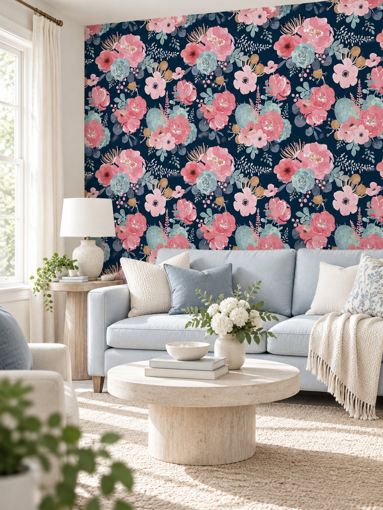 Floral feature wall wallpaper in living room with light blue sofa, round coffee table, and natural light enhancing cozy interior design.